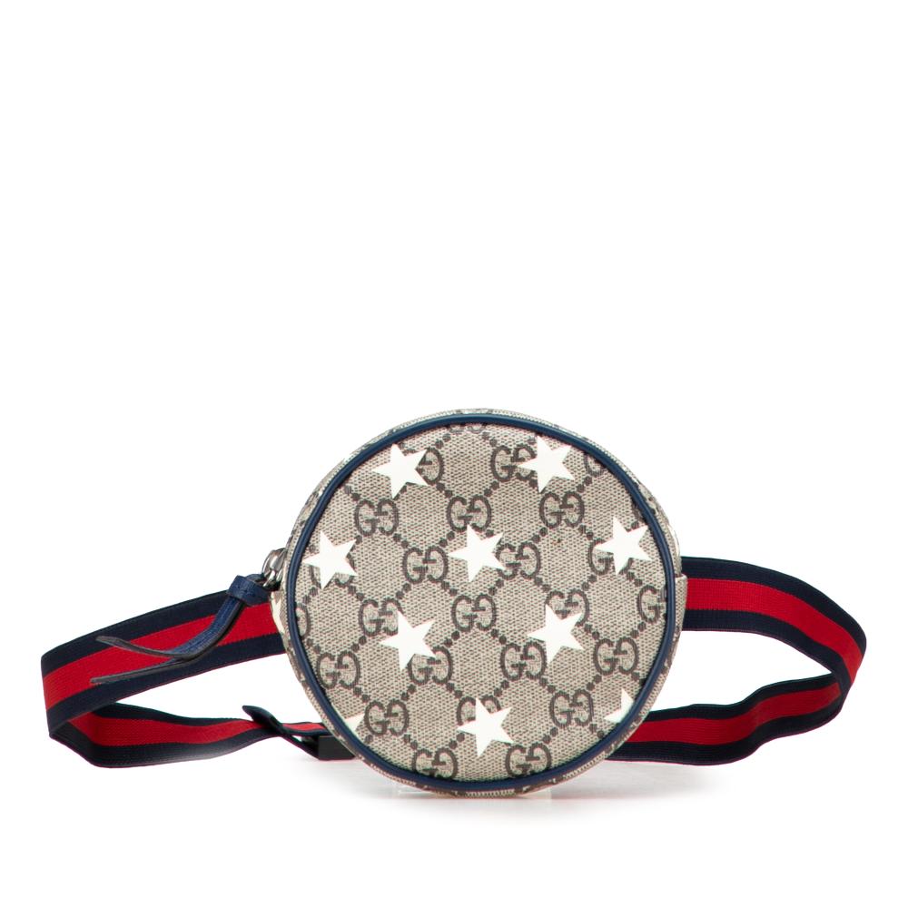 Gucci AB Gucci Brown Beige Coated Canvas Fabric Kids GG Supreme Stars Web Belt Bag Italy