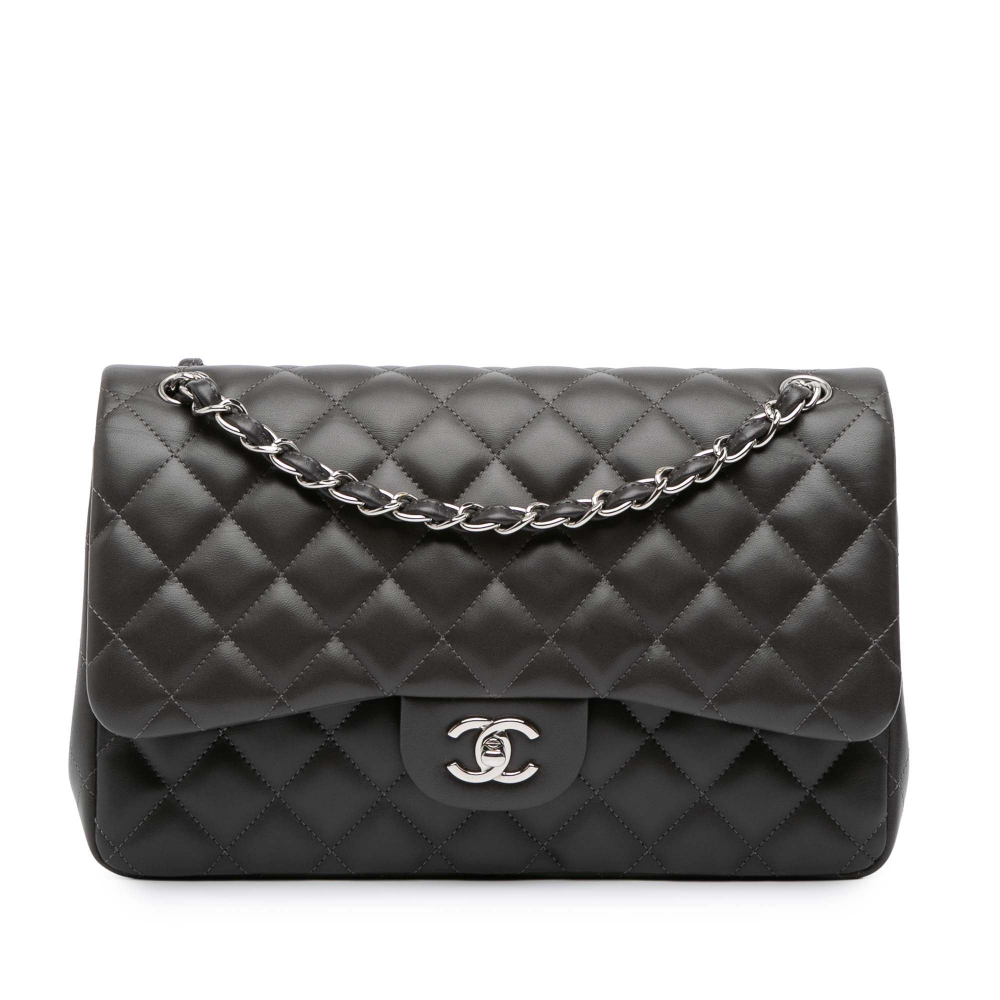 Chanel Classic Double Flap Jumbo Lambskin Leather Matelassè Handbag Grey