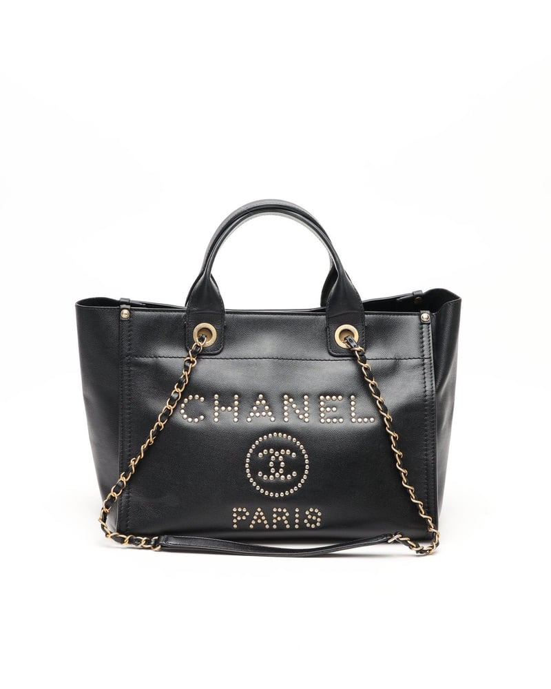 Chanel Caviar Studded Deauville PM Tote Bag