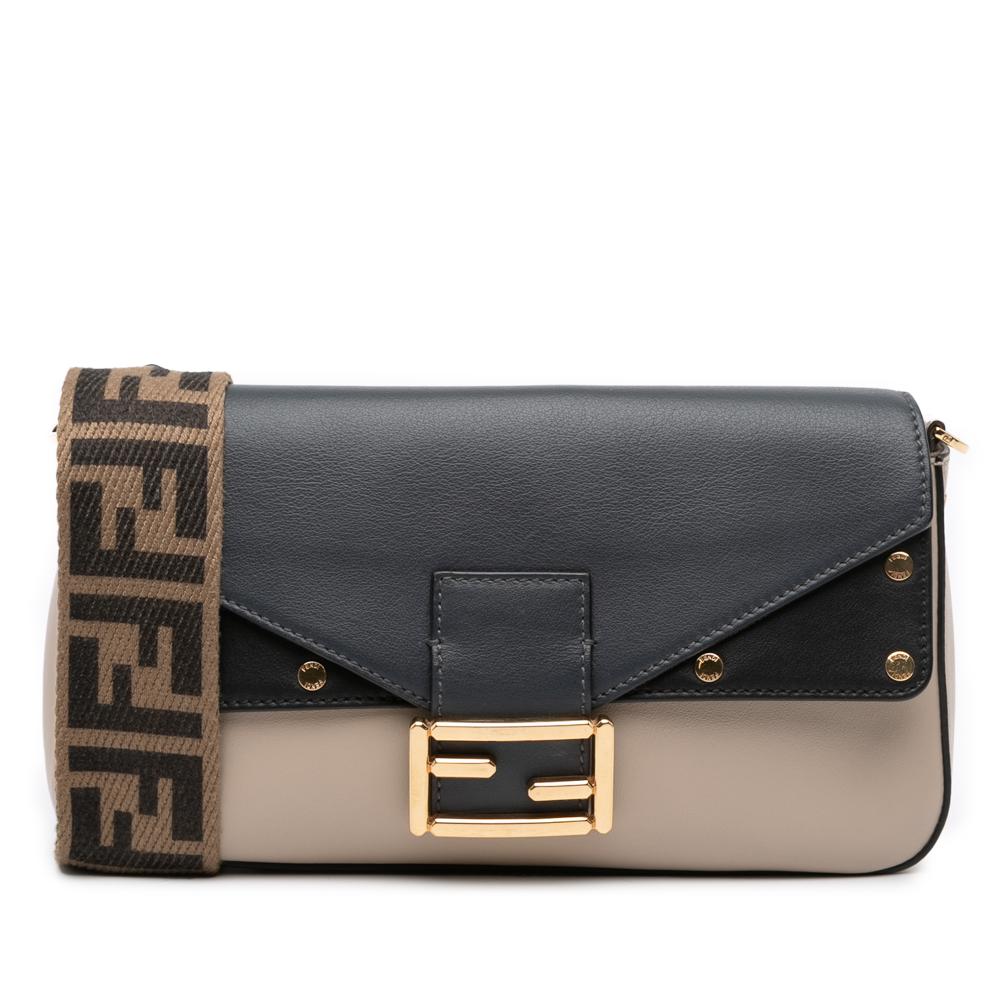 Fendi AB Fendi Brown Beige with Blue Navy Calf Leather Medium skin Flip Baguette Italy