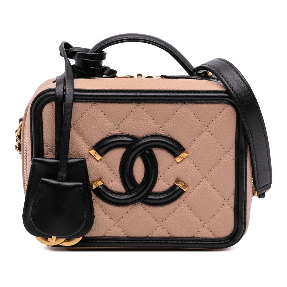 Chanel B Chanel Brown Nude with Black Caviar Leather Leather Small Caviar CC Filigree Vanity Case Italy