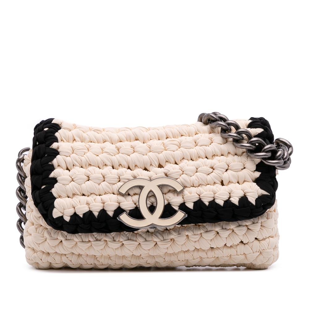 Chanel B Chanel White Ivory Chemical Fiber Fabric Neoprene Fancy Crochet Flap Italy