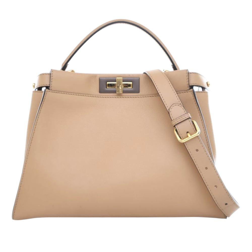Fendi B Fendi Brown Beige Calf Leather Medium Peekaboo Iconic Satchel Italy