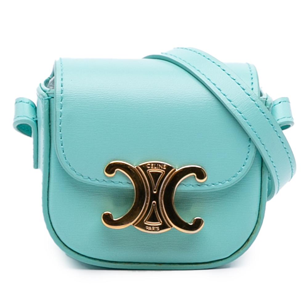 Celine B Celine Blue Turquoise Calf Leather Triomphe AirPods Case with Strap Italy