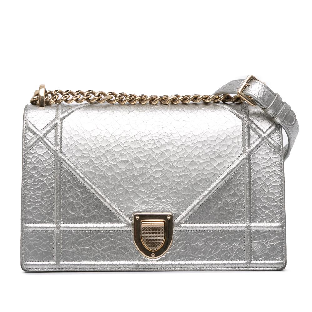 Christian Dior B Dior Silver Goatskin Leather Medium Metallic Ceramic Effect Deerskin Diorama Flap Italy