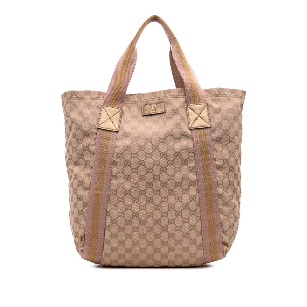 Gucci B Gucci Brown Beige Canvas Fabric GG Web Tote Italy