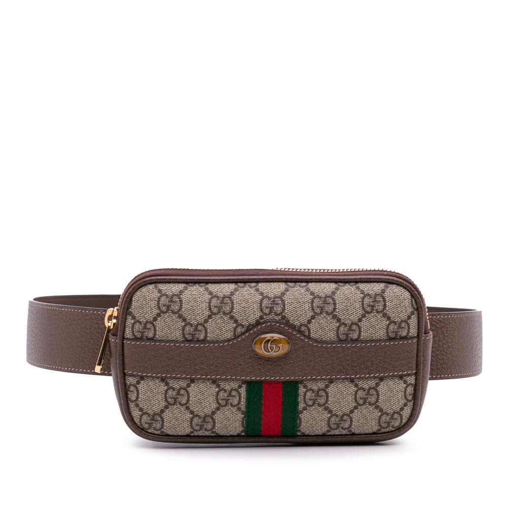 Gucci AB Gucci Brown Beige Coated Canvas Fabric Small GG Supreme Web Ophidia Belt Bag Italy