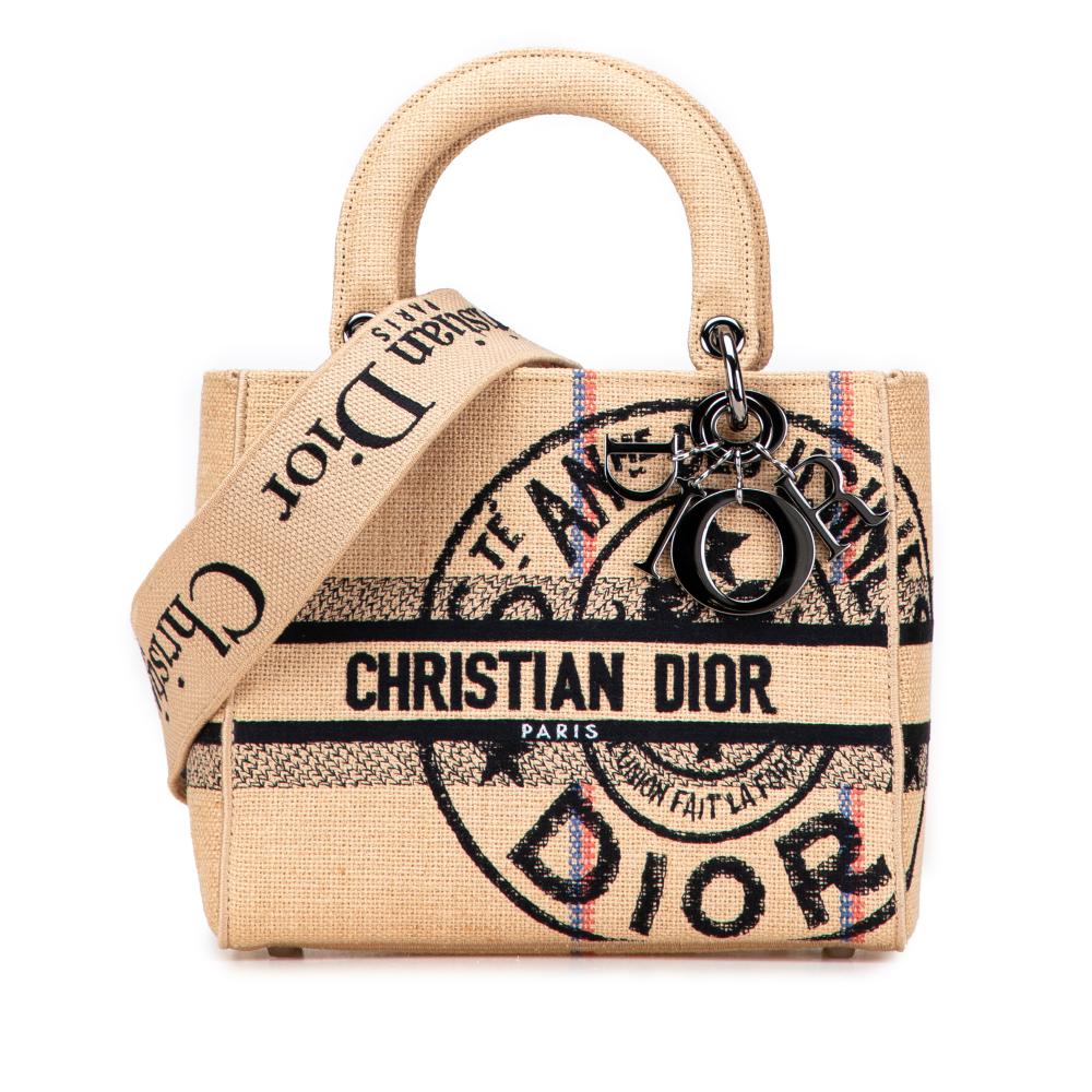 Christian Dior B Dior Brown Beige Canvas Fabric Medium Jute Embroidered Lady D Lite Italy