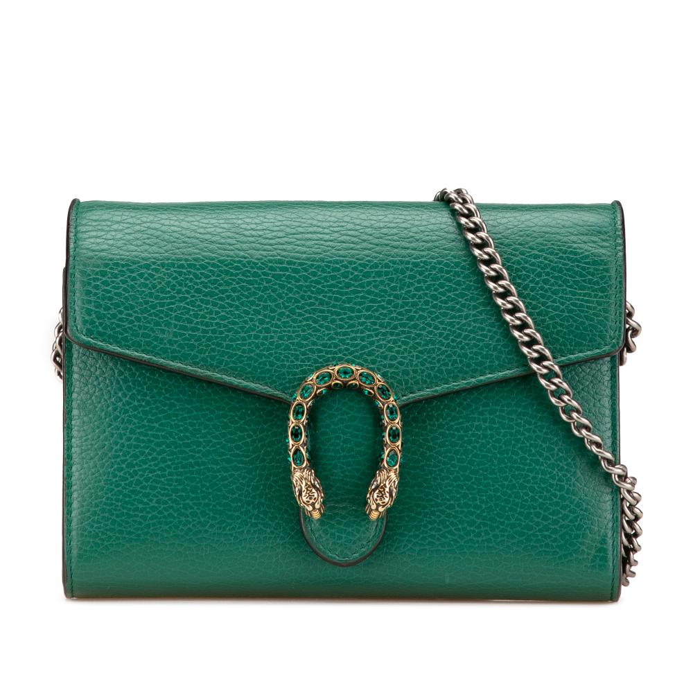 Gucci B Gucci Green Calf Leather Mini Dionysus Wallet on Chain Italy