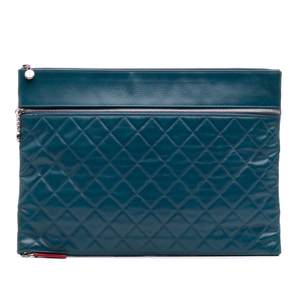 Chanel B Chanel Blue Peacock Lambskin Leather Leather CC Quilted Lambskin Multi Zip Clutch Italy