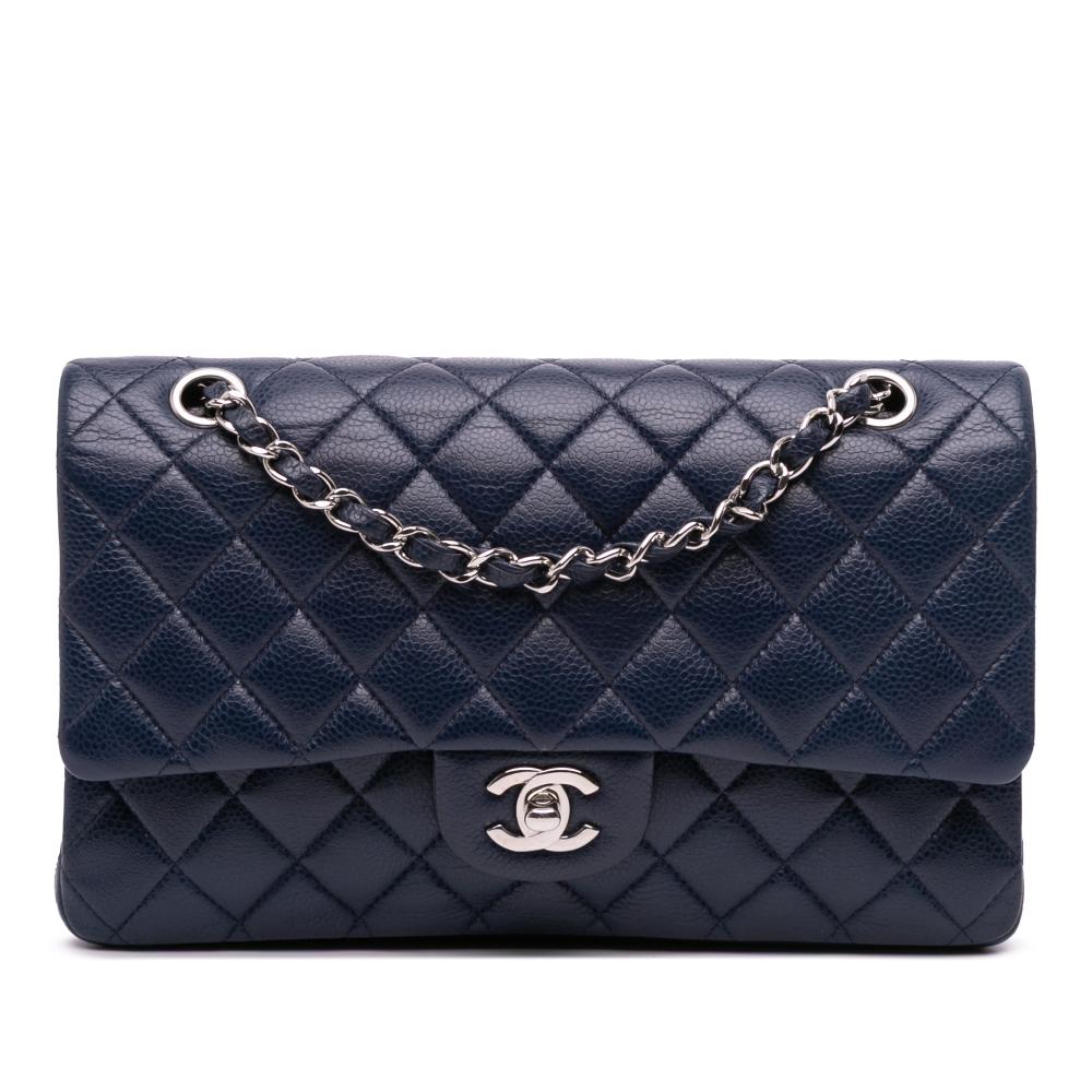 Chanel B Chanel Blue Navy Caviar Leather Leather Medium Classic Caviar Double Flap France