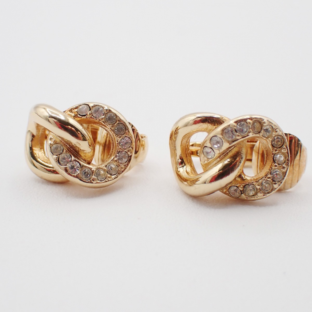 Christian Dior CD Logo Rhinestone Drop Earrings Clip-On Gold Plated