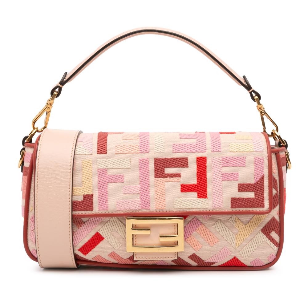 Fendi AB Fendi Pink Canvas Fabric Zucca Embroidered Baguette Satchel Italy