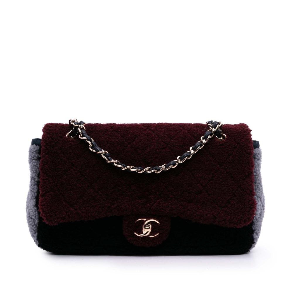 Chanel AB Chanel Red Bordeaux Shearling Natural Material Medium Tricolor CC Quilted Single Flap France