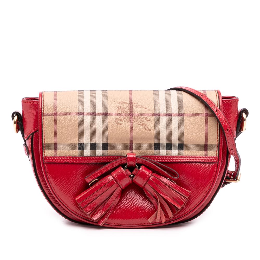 Burberry B Burberry Red Patent Leather Leather and Haymarket Check Coated Canvas Maydown Crossbody Italy