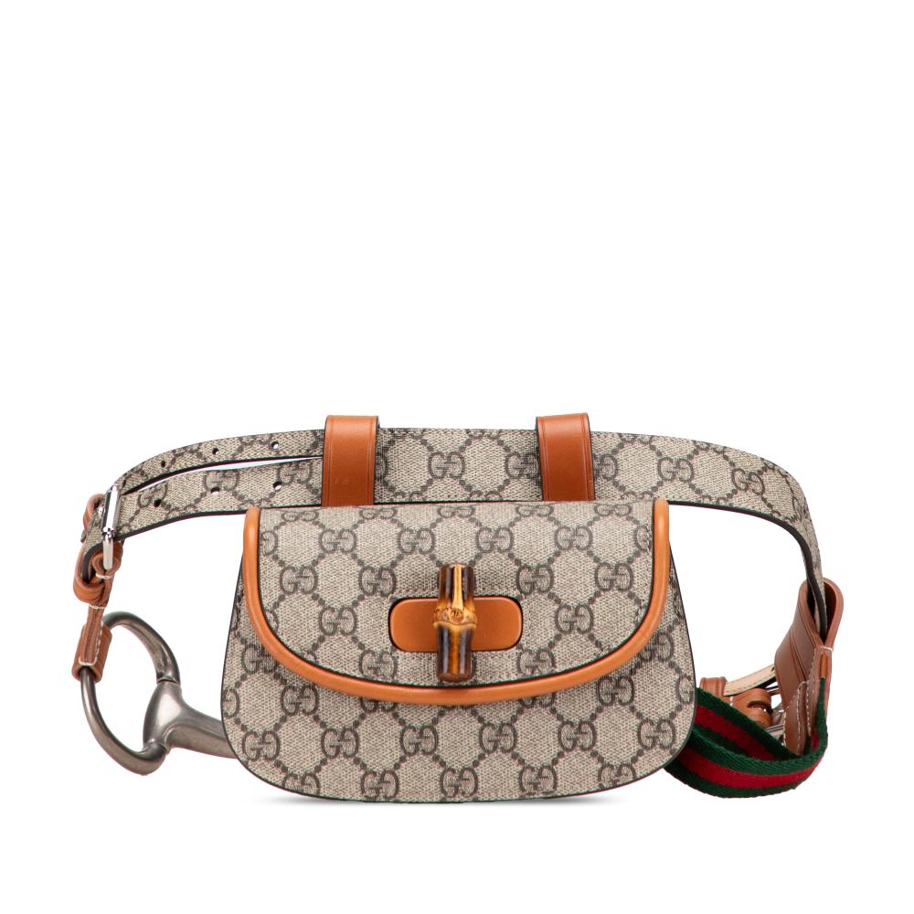 Gucci AB Gucci Brown Beige Coated Canvas Fabric Mini GG Supreme Web Bamboo 1947 Belt Bag Italy