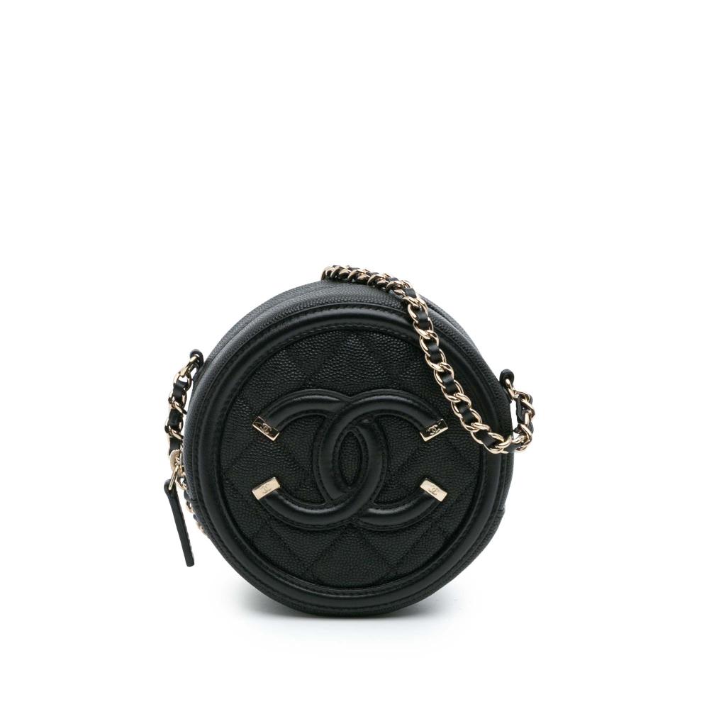 Chanel AB Chanel Black Caviar Leather Leather Caviar CC Filigree Round Clutch with Chain Italy