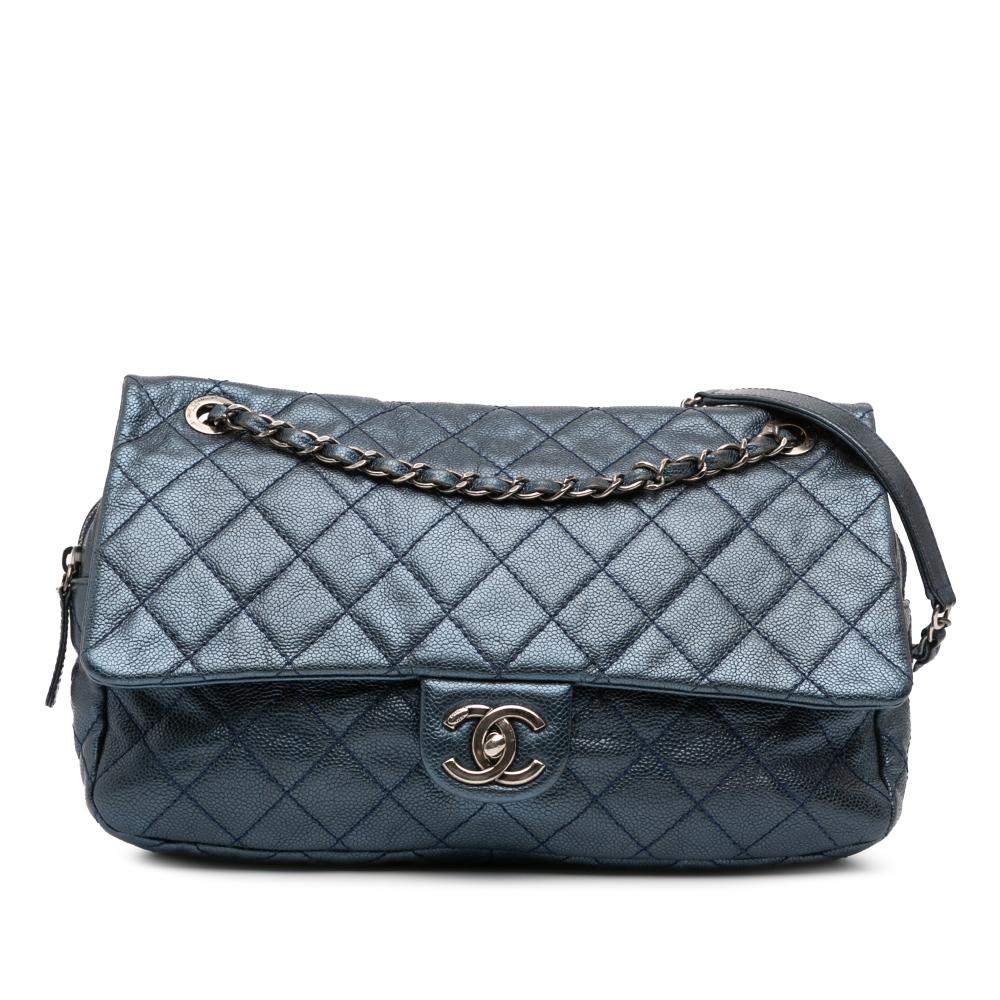 Chanel B Chanel Blue Dark Blue Caviar Leather Leather Jumbo Quilted Iridescent Caviar Easy Flap Italy