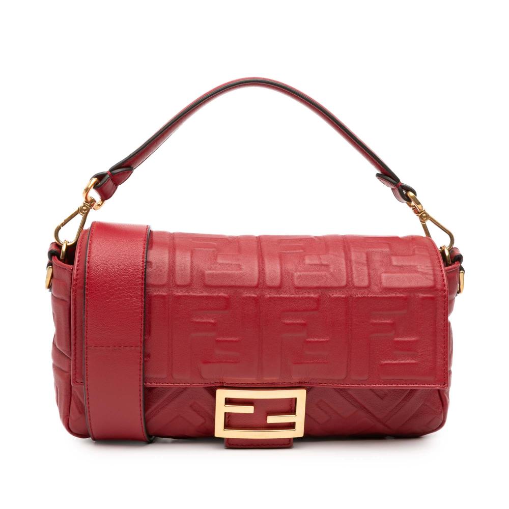 Fendi B Fendi Red Calf Leather Zucca Embossed Baguette Satchel Italy