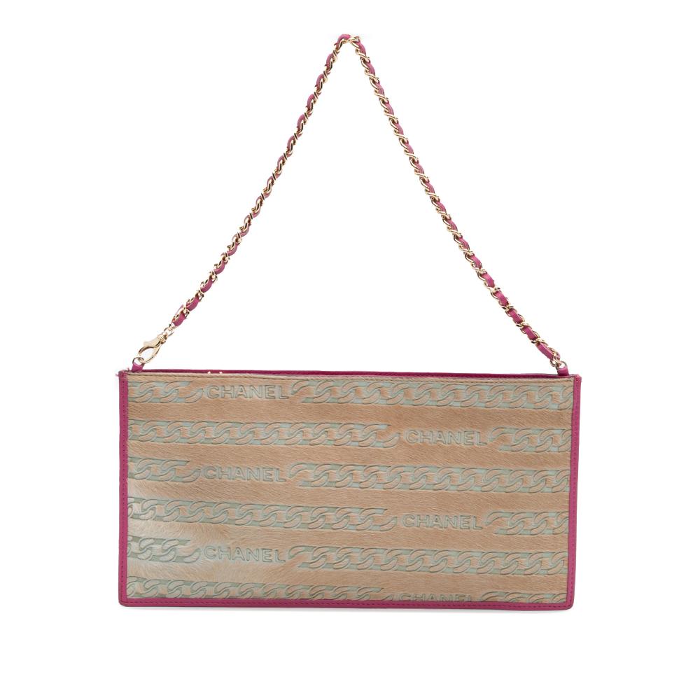 Chanel B Chanel Brown with Pink Hot Pink Calf Leather Pony Hair Logo Chain Pochette Italy