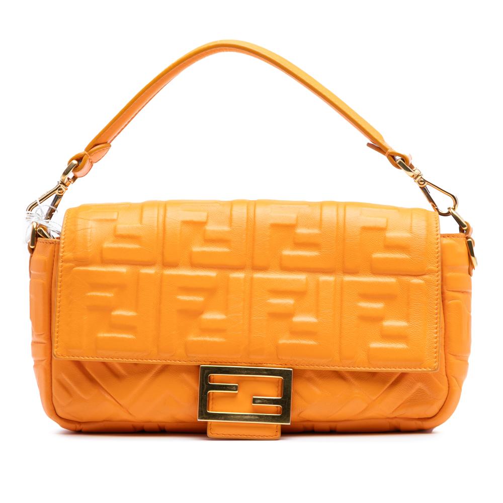 Fendi B Fendi Orange Calf Leather Zucca Embossed Baguette Satchel Italy