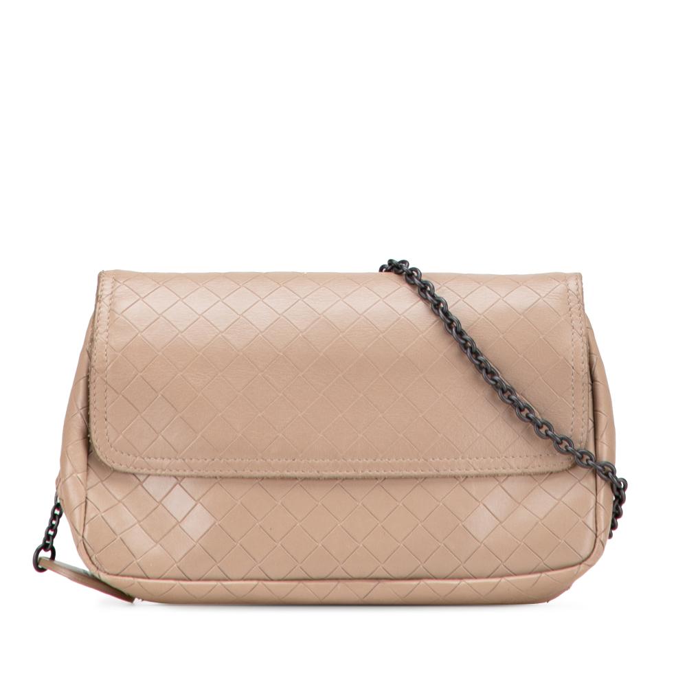 Bottega Veneta B Bottega Veneta Brown Nude Calf Leather Small Intrecciomirage Chain Crossbody Italy