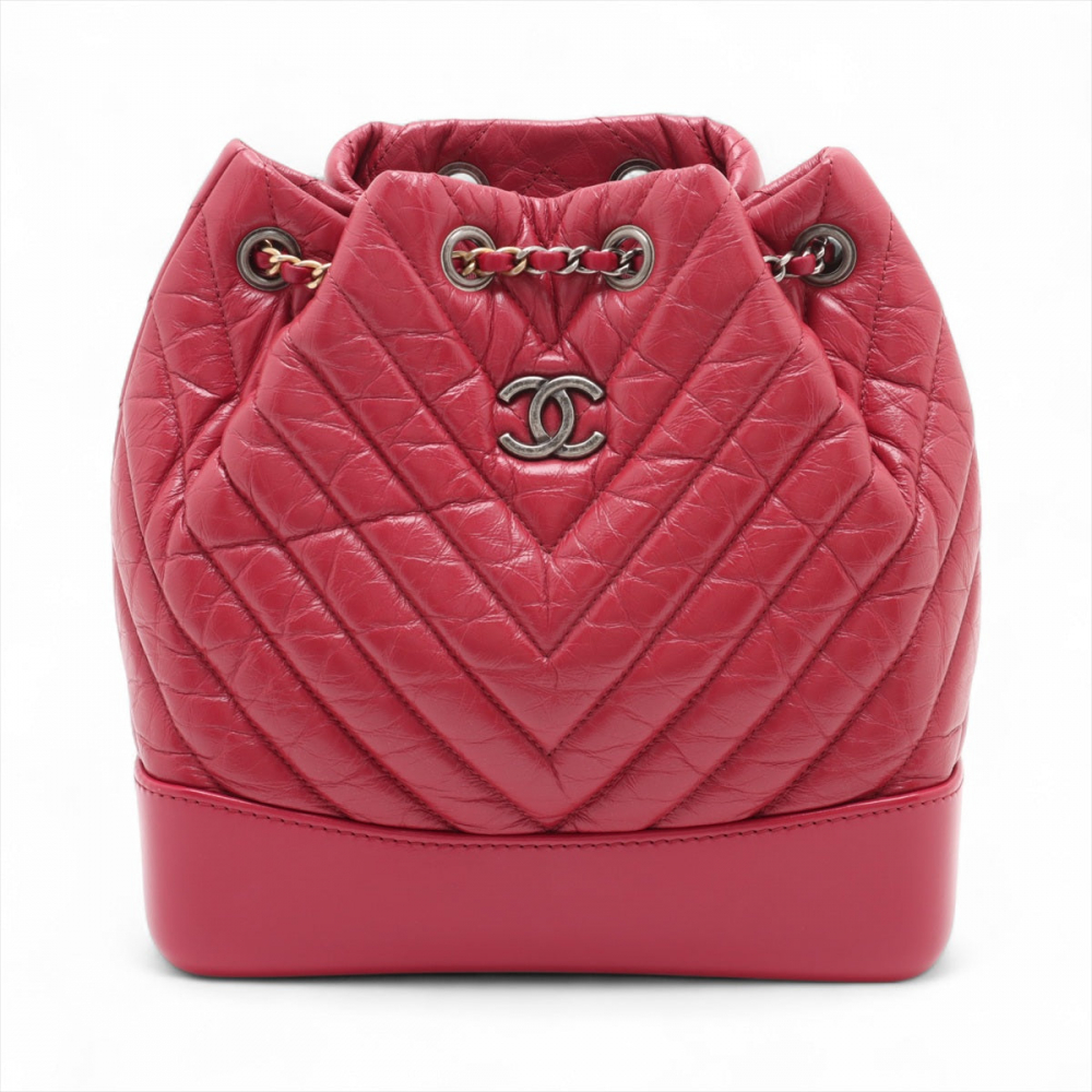 Chanel Gabrielle Matelassè Distressed Calfskin Leather 2-Ways Bucket Backpack Cherry Red