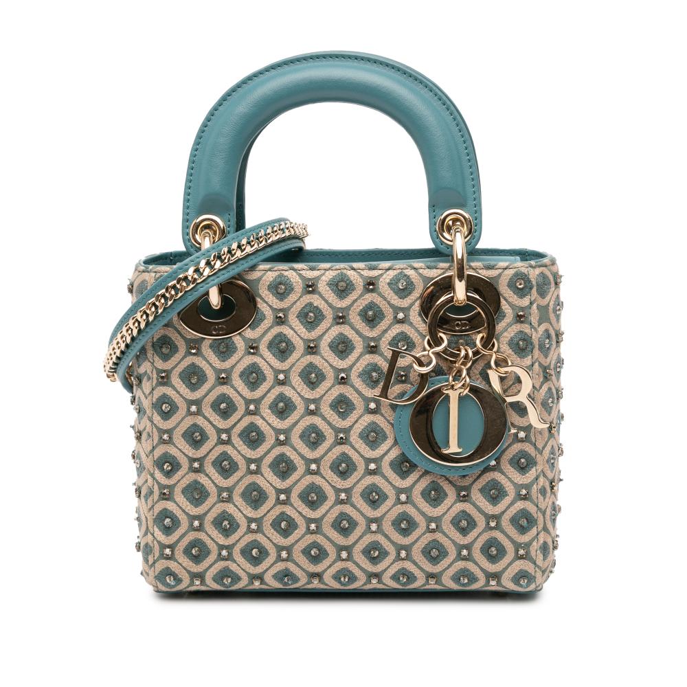 Christian Dior B Dior Brown Beige Canvas Fabric Mini Honeycomb Embroidery Crystal Lady Dior Italy