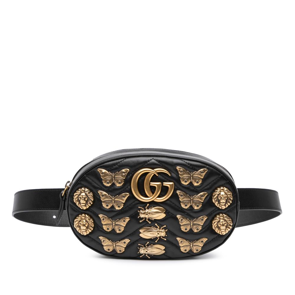 Gucci B Gucci Black Calf Leather GG Marmont Matelasse Animalier Belt Bag Italy
