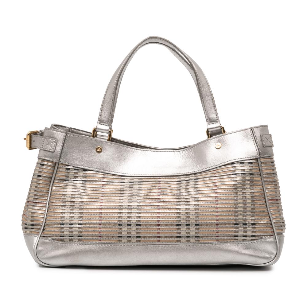 Burberry B Burberry Silver Coated Canvas Fabric Haymarket Check Ravensdon Handbag Italy