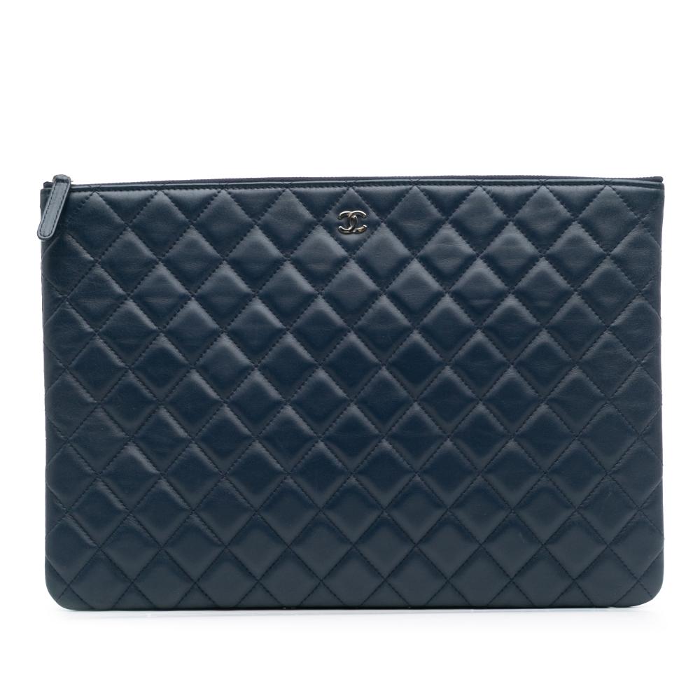 Chanel AB Chanel Blue Dark Blue Lambskin Leather Leather Large Quilted Lambskin O Case Clutch Italy