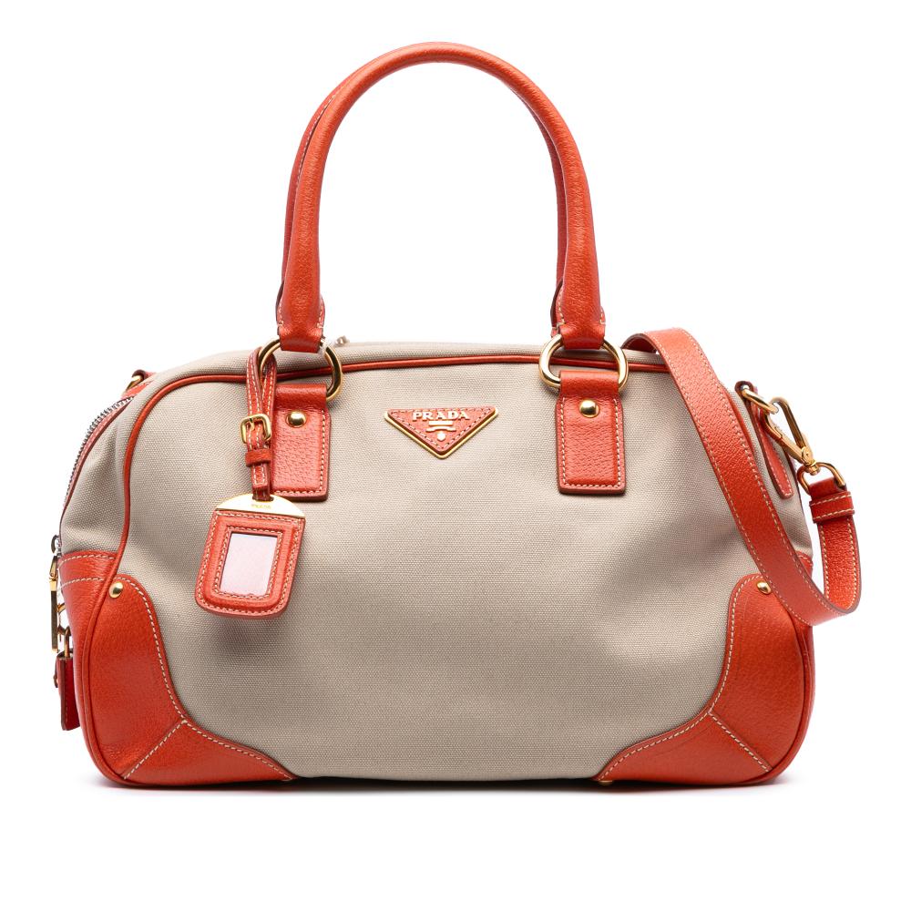 Prada B Prada Brown Beige with Orange Canvas Fabric Cinghial Trimmed Canapa Satchel Italy