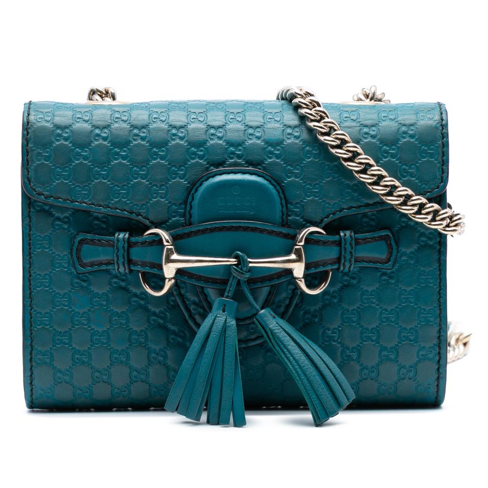 Gucci B Gucci Blue Peacock Calf Leather Mini Microguccissima Emily Crossbody Italy