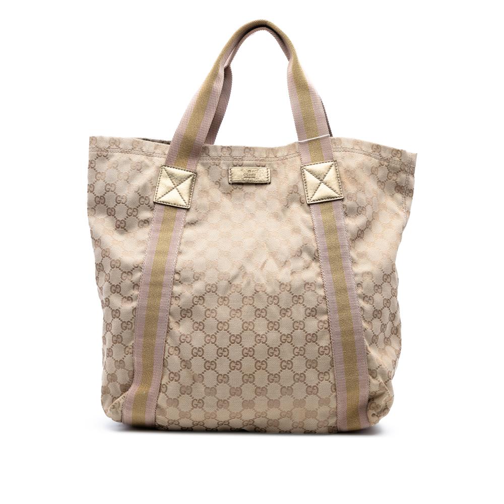 Gucci B Gucci Brown Beige with Gold Canvas Fabric GG Web Tote Italy