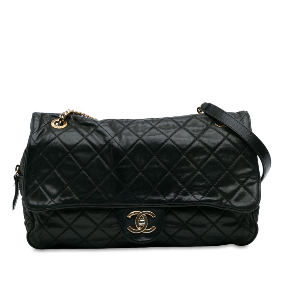 Chanel B Chanel Black Calf Leather Large Quilted Iridescent skin Shiva Flap Italy
