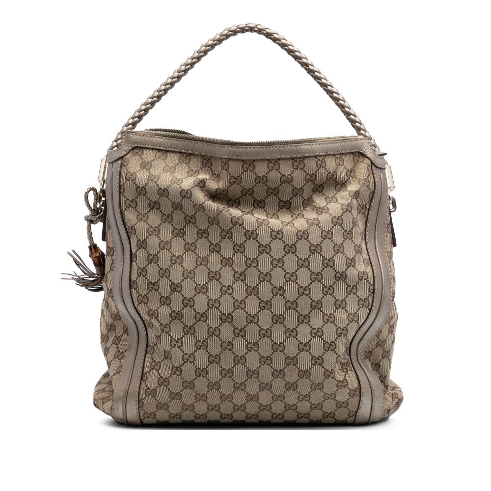 Gucci B Gucci Brown Beige Canvas Fabric Large GG Bella Shoulder Bag Italy