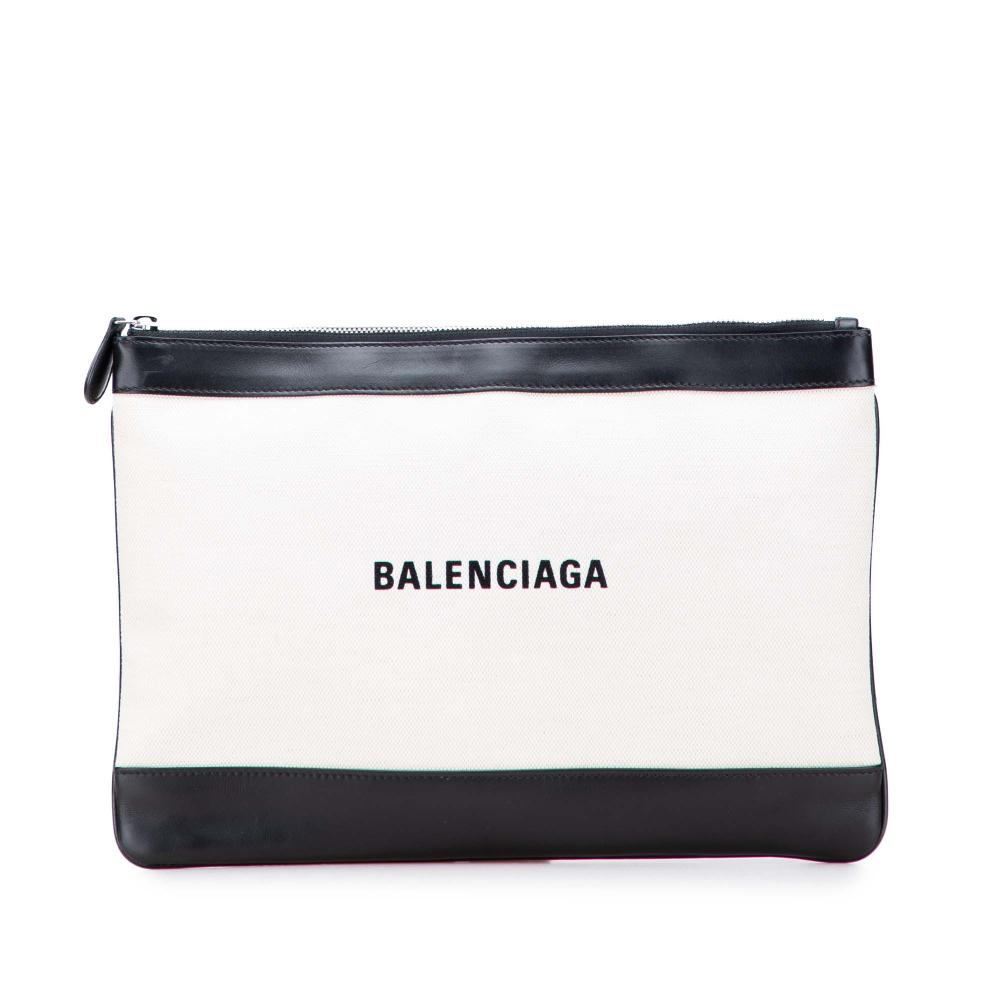 Balenciaga AB Balenciaga White Canvas Fabric M Navy Clip Clutch Italy
