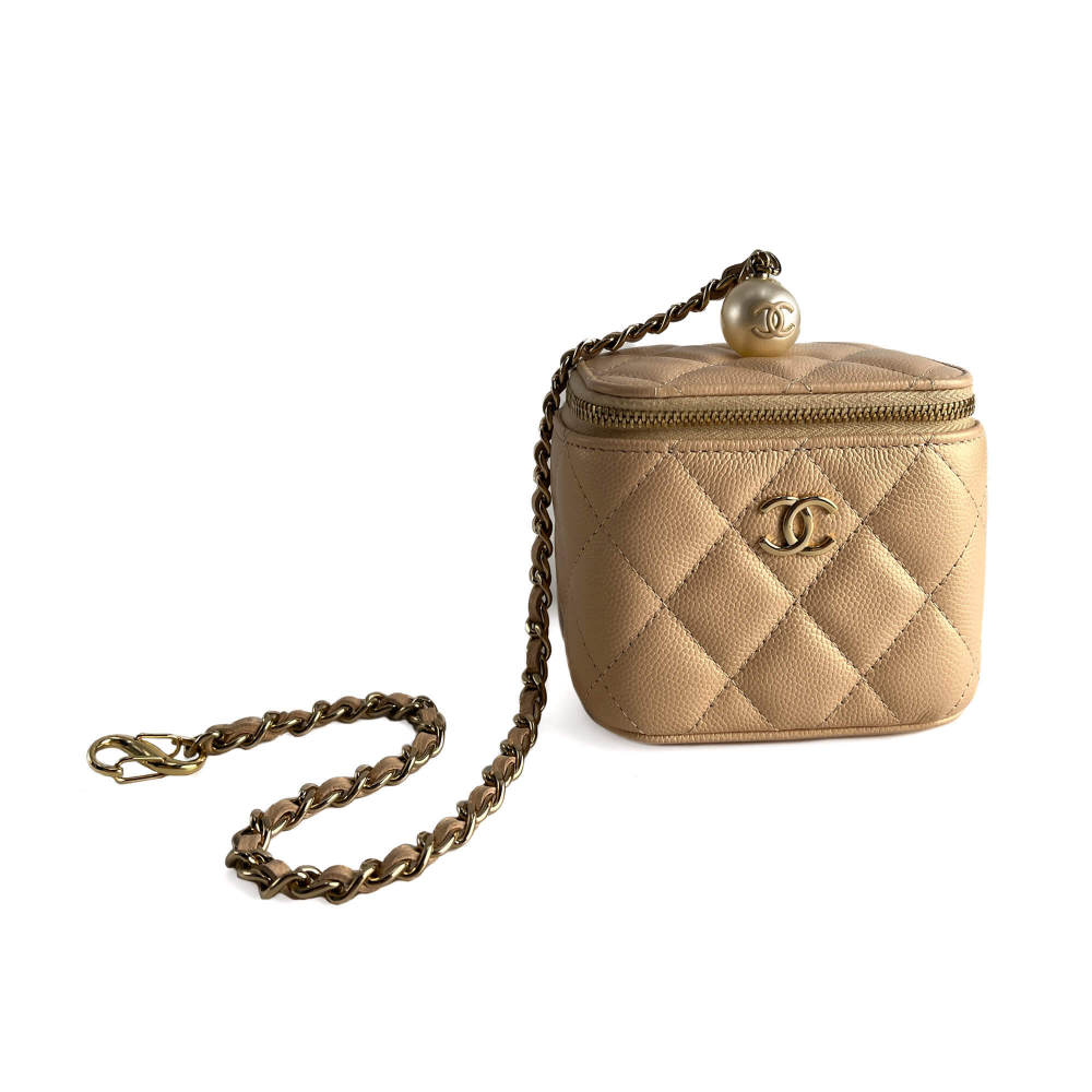 Chanel Vanity Case Mini Caviar Leather Pearl Charm Quilted Handbag Champagne Gold-tone
