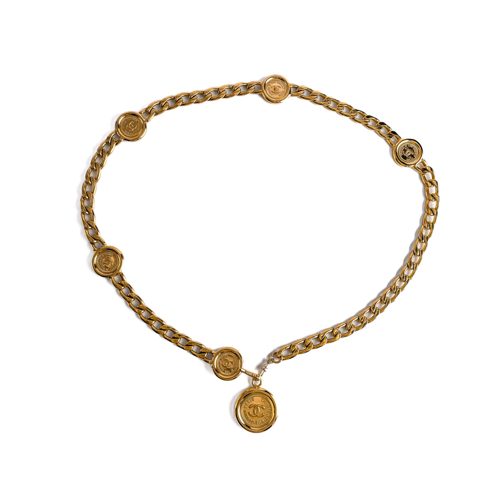 Chanel Vintage Medallion Metal Reversible Chain Belt 75 Gold