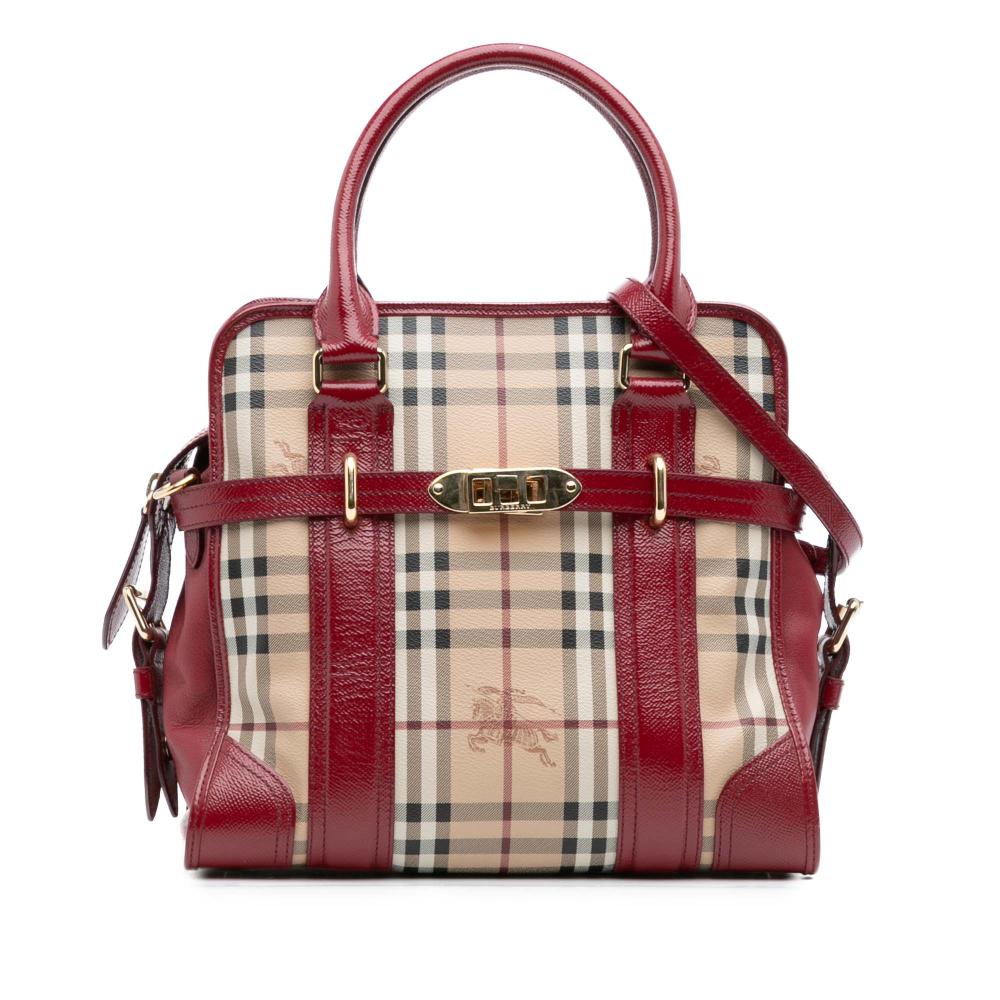 Burberry B Burberry Brown Beige with Red Coated Canvas Fabric Haymarket Check Minford Portrait Satchel Italy