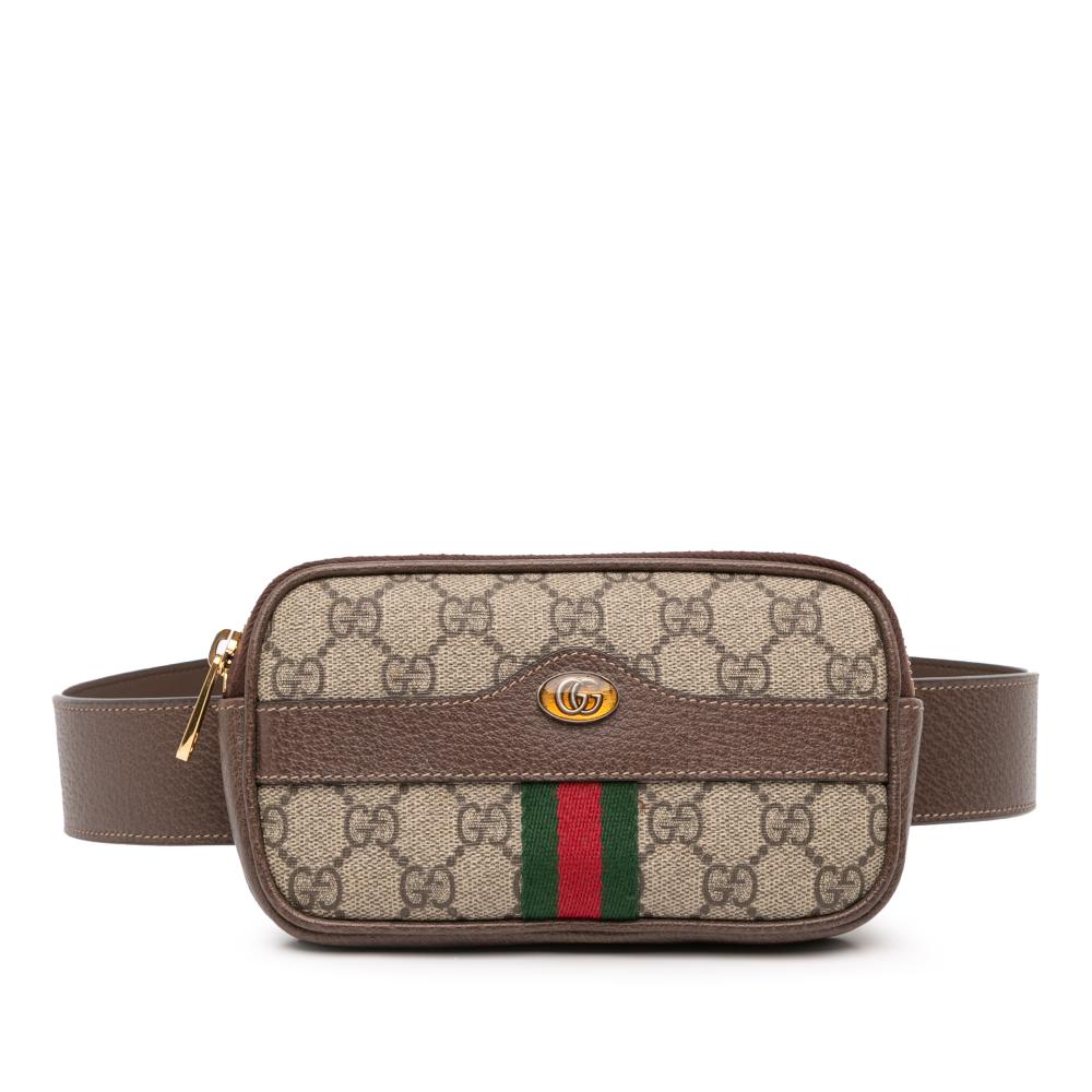 Gucci AB Gucci Brown Beige Coated Canvas Fabric Small GG Supreme Web Ophidia Belt Bag Italy