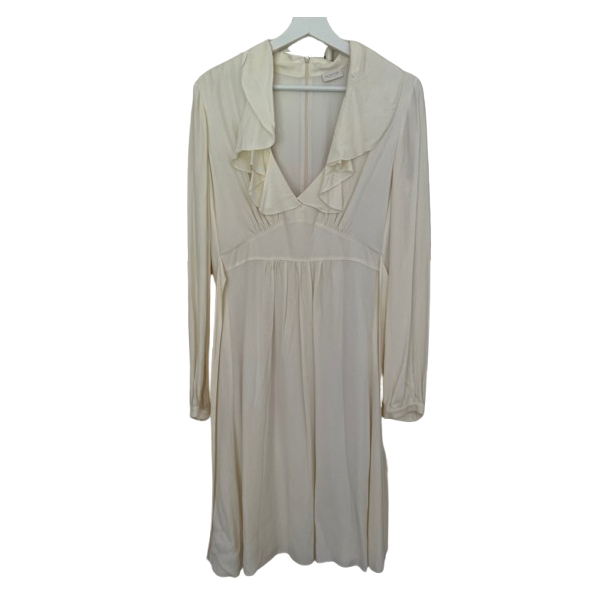 Valentino Weiß/cremefarbenes Seidenrüschenkleid mit Halsausschnitt