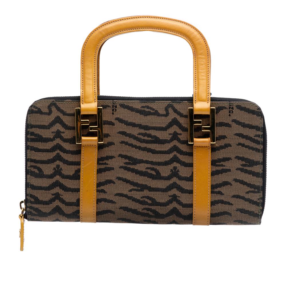 Fendi B Fendi Brown Canvas Fabric Zebra Print Twins Handbag Italy