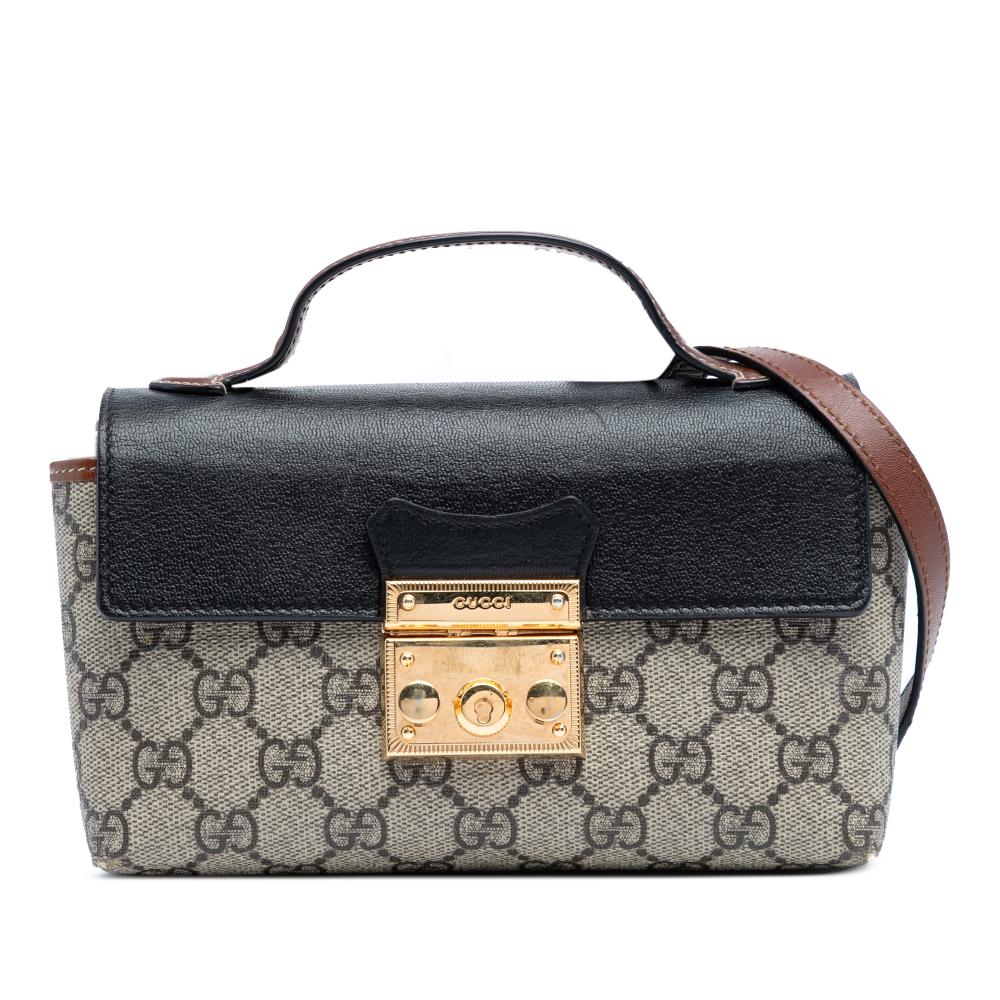 Gucci B Gucci Brown Beige Coated Canvas Fabric Mini GG Supreme Padlock Satchel Italy