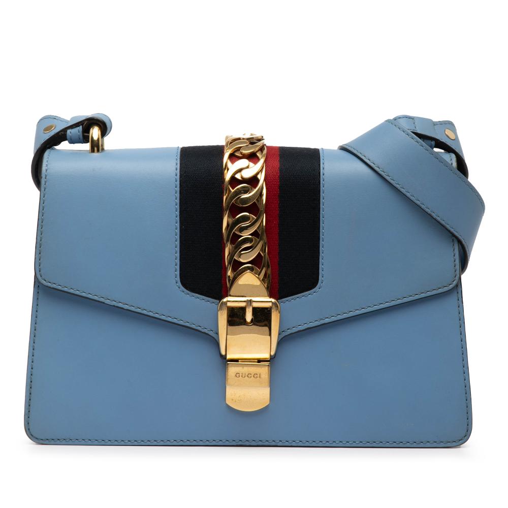 Gucci B Gucci Blue Calf Leather Small Sylvie Web Satchel Italy