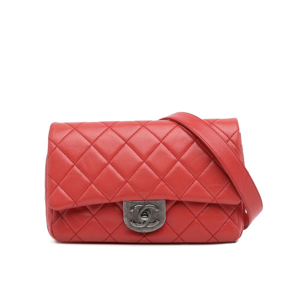 Chanel B Chanel Red Goatskin Leather Small Quilted Double Carry Waist Chain Flap Italy