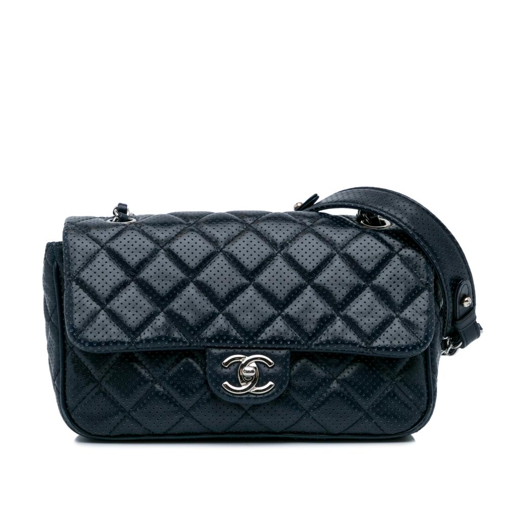 Chanel AB Chanel Blue Navy Lambskin Leather Leather CC Quilted Perforated Lambskin Single Flap Italy