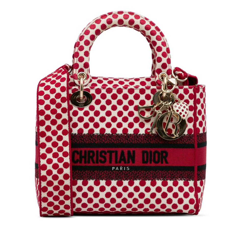 Christian Dior AB Dior Red with White Canvas Fabric DiorAmour Medium Embroidered Dots Lady D Lite Italy
