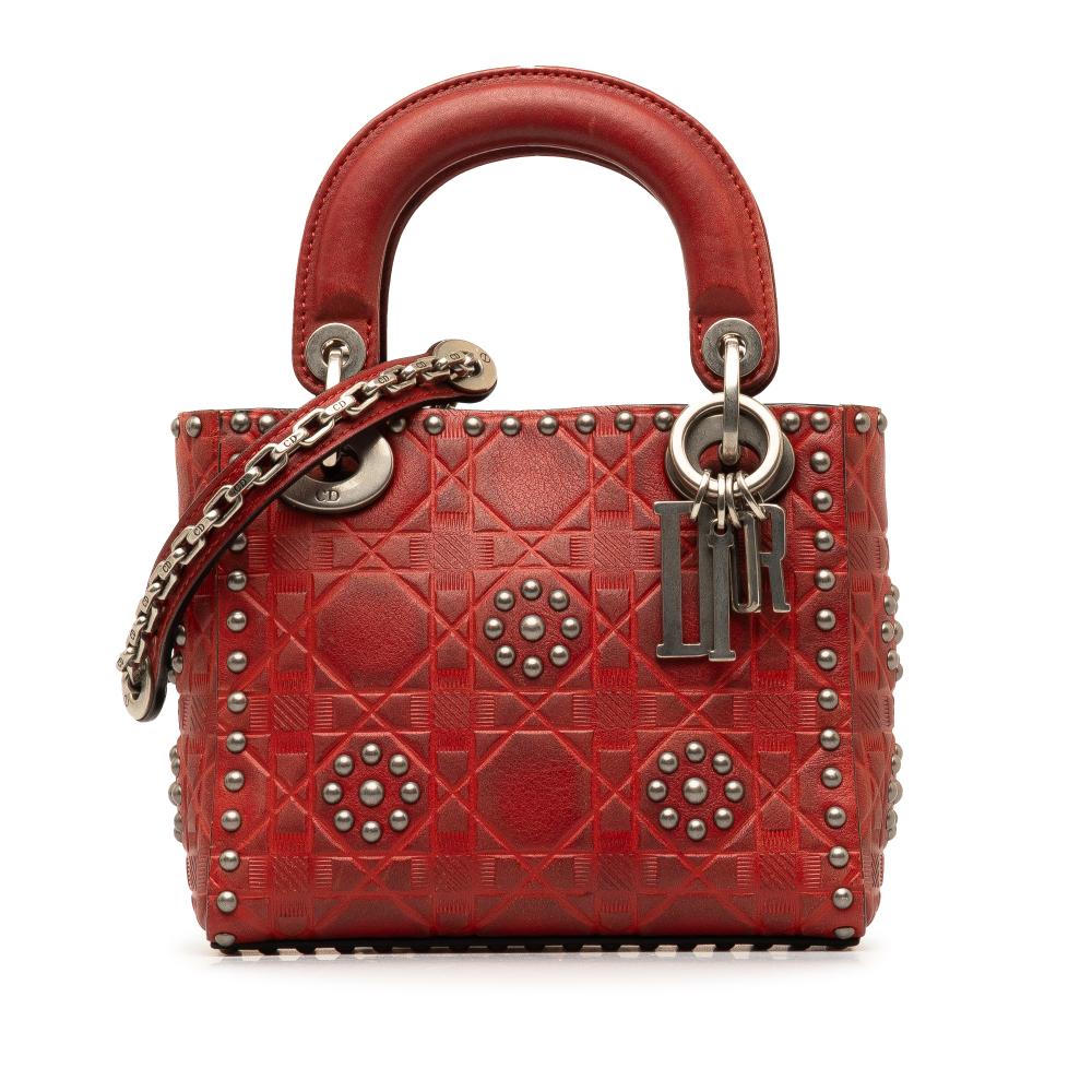 Christian Dior B Dior Red Calf Leather Mini Embossed skin Cannage Studded Flower Lady Dior Italy