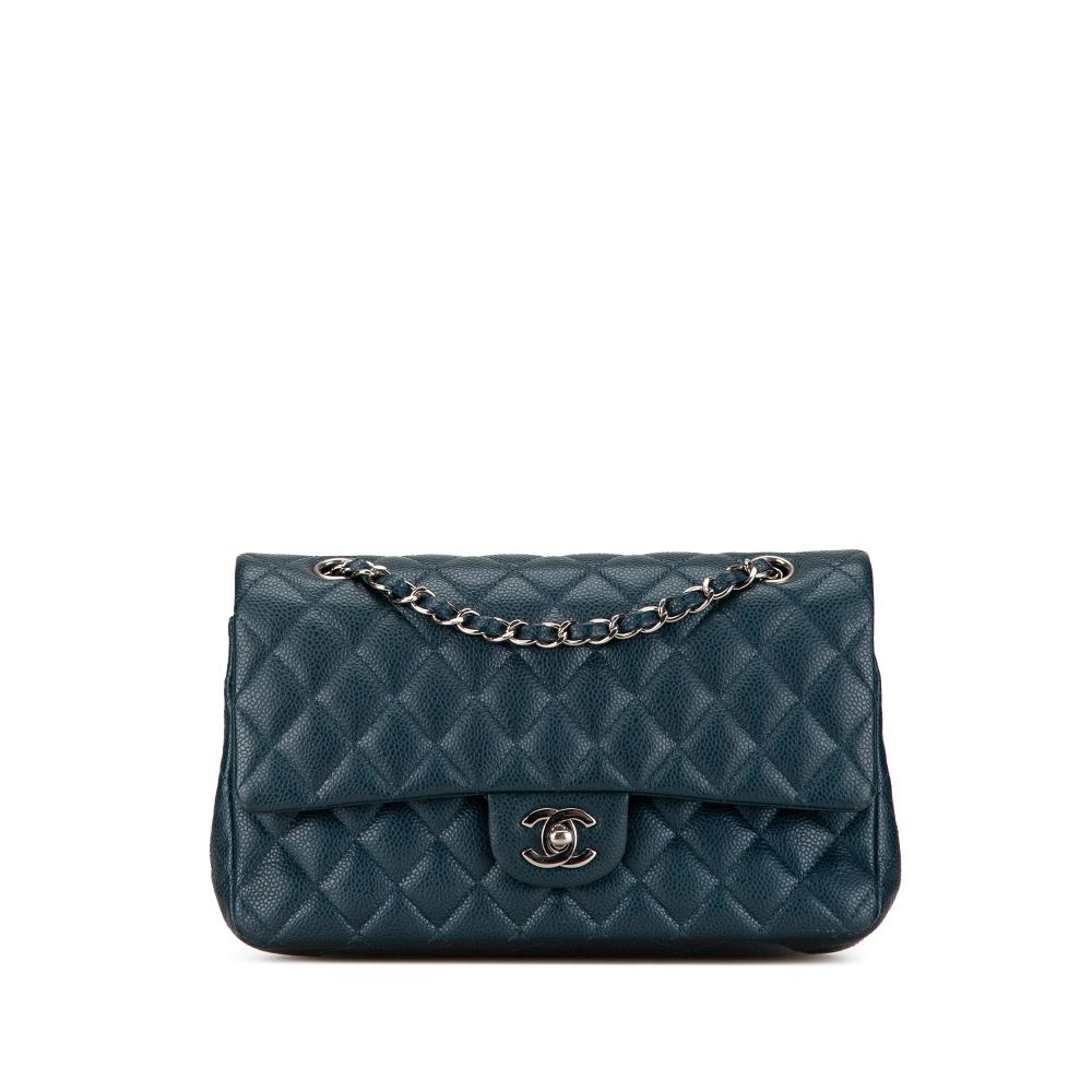 Chanel B Chanel Blue Peacock Caviar Leather Leather Medium Classic Caviar Double Flap France